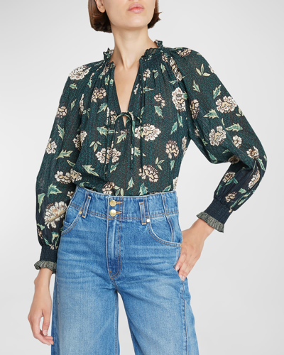 Ulla Johnson Kaitlyn Split-neck Printed Crepe Blouse In Green