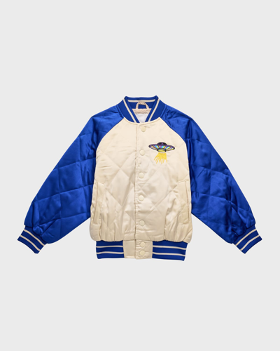 Molo Kids' Boy's Haru Quilted Ufo Graphic Bomber Jacket In Summer Sand