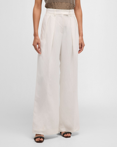 Brunello Cucinelli Fluid Linen Pleated Wide-leg Trousers In White