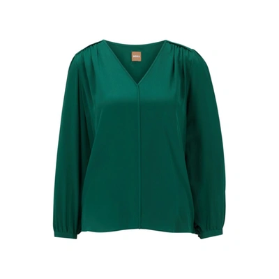 Hugo Boss V-neck Regular-fit Blouse In Washed Silk In Green