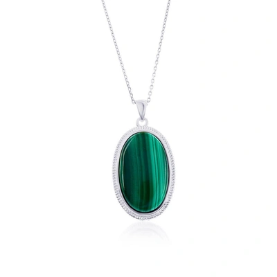 Simona Sterling Silver Or Gold Plated Over Sterling Silver Oval Malachite Beaded Border Pendant Necklace In Green