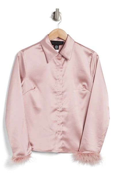 Know One Cares Satin Feather Trim Button-up Shirt In Mauve