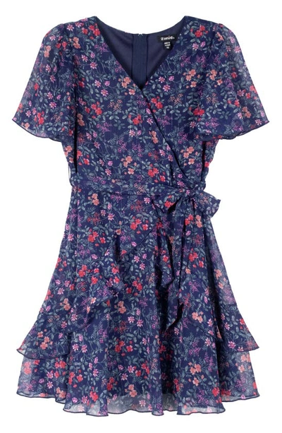 Zunie Kids' Metallic Stripe Floral Chiffon Dress In Navy Multi