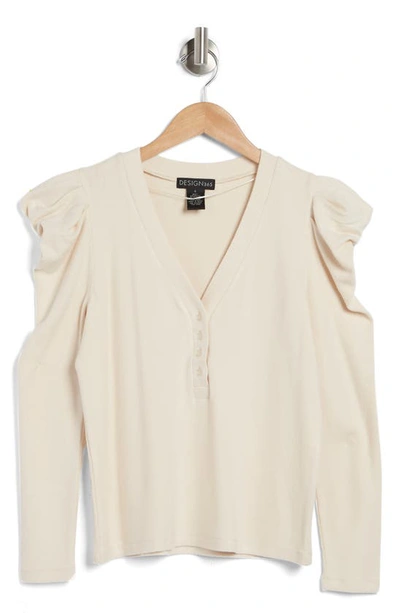 Design History Hatchi Puff Sleeve Henley Top In Neutral