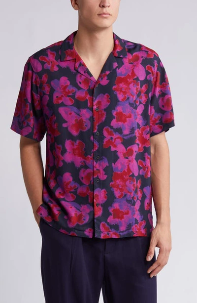 Open Edit Blot Bloom Floral Camp Shirt In Navy- Purple Blot Bloom