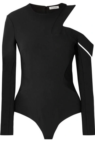 Mugler Cutout Crepe Thong Bodysuit In Black
