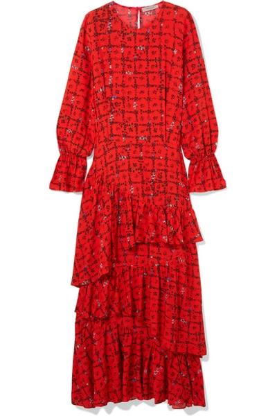 Preen Line Amina Tiered Floral-print Crepe De Chine Maxi Dress In Red