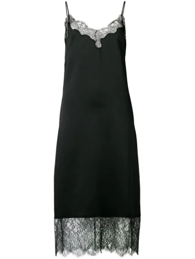 Valentino Lace-trimmed Hammered Silk-satin Slip Dress In Black