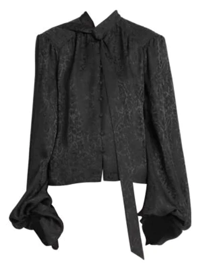 Saint Laurent Tie-neck Balloon-sleeve Floral Silk Blouse In Black