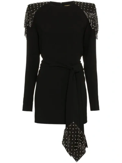 Saint Laurent Studded Chain Mail Strong-shoulder Long-sleeve Jersey Dress In Black