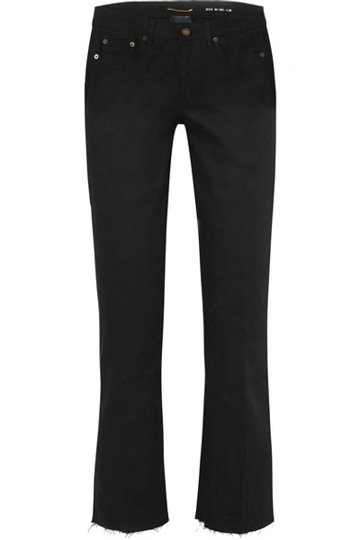 Saint Laurent Cropped Frayed Low-rise Flared Jeans In Black