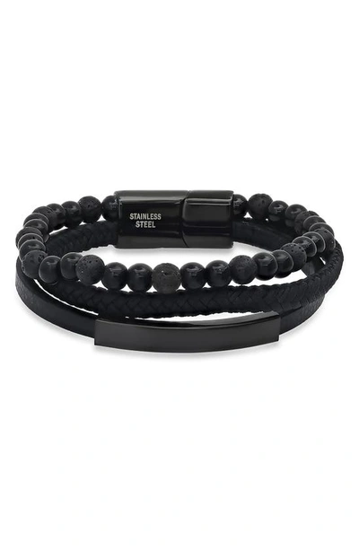 Hmy Jewelry Black Stainless Steel Lava Bead & Leather Layered Bracelet