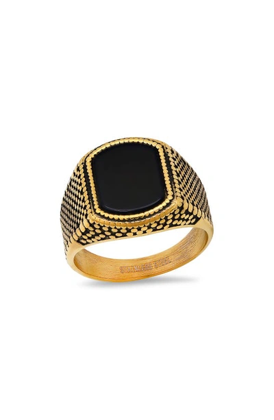 Hmy Jewelry 18k Gold Plated Stainless Steel Enamel Milgrain Signet Ring In Yellow/black