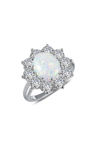 Lafonn Art Deco Platinum Bonded Sterling Silver Simulated Opal & Simulated Diamond Halo Ring In Metallic