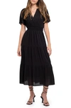 August Sky Split Neck Tiered Midi Dress In Black