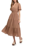 August Sky Split Neck Tiered Midi Dress In Tan