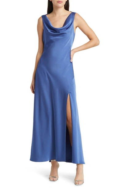 Floret Studios Cowl Neck Satin Midi Dress In Blue