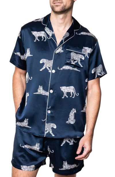 Petite Plume Panther Print Silk Short Pajamas In Navy