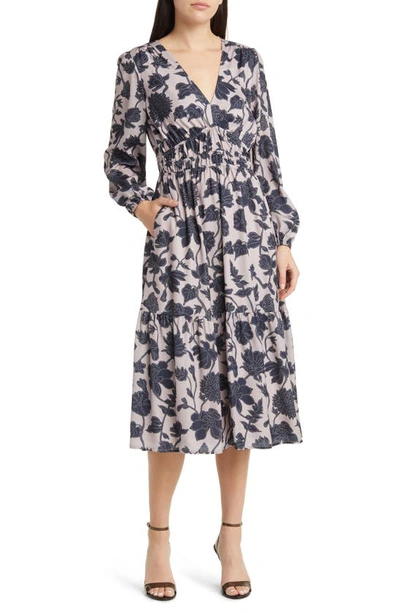 Lost + Wander Amina Floral Print Long Sleeve Midi Dress In Grey-multi