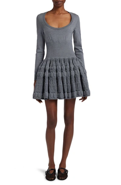 Alaa Crinoline Long Sleeve Wool Blend Skater Dress In Grey | ModeSens
