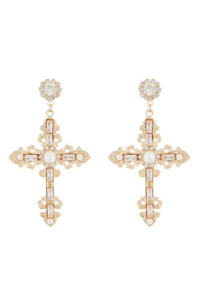 Tasha Cubic Zirconia & Imitation Pearl Cross Drop Earrings In Gold