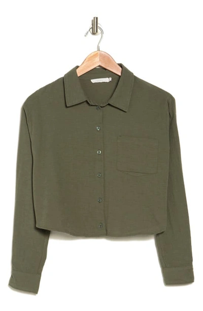 Lush Long Sleeve Crop Button-up Shirt In Olive