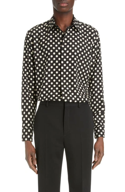 Saint Laurent Tonal Pattern Silk Button-up Shirt In Noir/ Craie