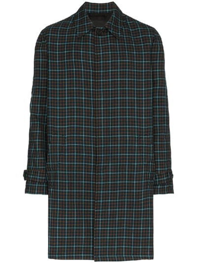 Prada Single-breasted Check Wool Overcoat In Blue