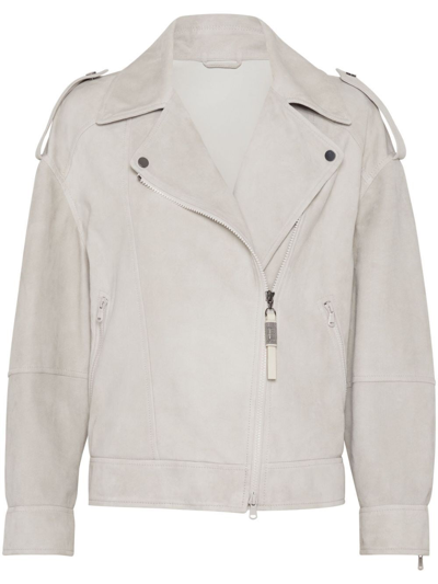 Brunello Cucinelli Zip-up Leather Jacket In Cool_beige