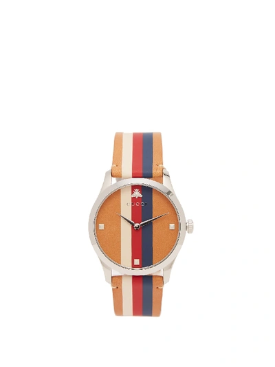 Gucci G-timeless Web-striped Leather Watch In Brown/ White/ Silver