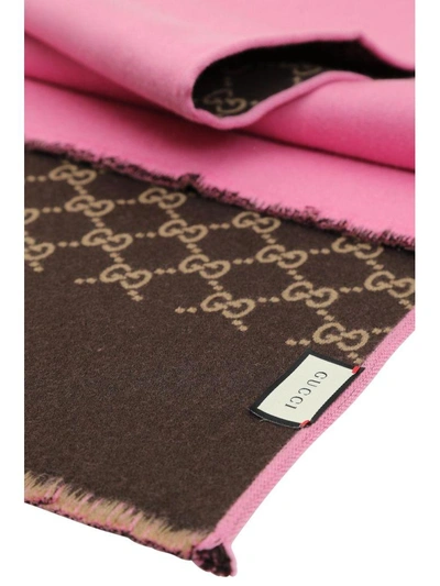Gucci Gg Wool Silk Scarf In Marrone/rosa