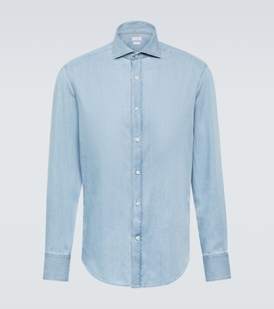 Brunello Cucinelli Men's Denim Effect Chambray Slim Fit Shirt With Spread Collar In Light Wash