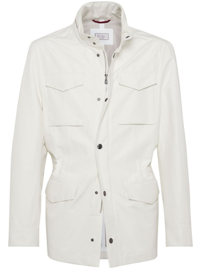 Brunello Cucinelli Men's Linen And Silk Bonded Panama Field Jacket With Heat-bonded Seams In White