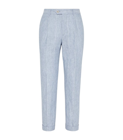 Brunello Cucinelli Men's Linen Wide Chalk Stripe Leisure Fit Trousers With Pleat In Sky Blue