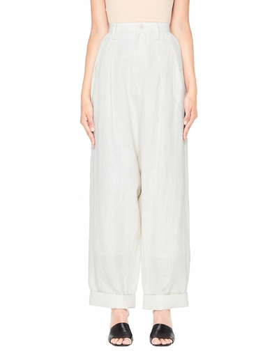 Y's Ivory Linen & Cotton Baggy Trousers In White