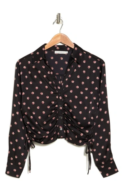 Lush Ruched Satin Button-up Shirt In Black Pink Floral