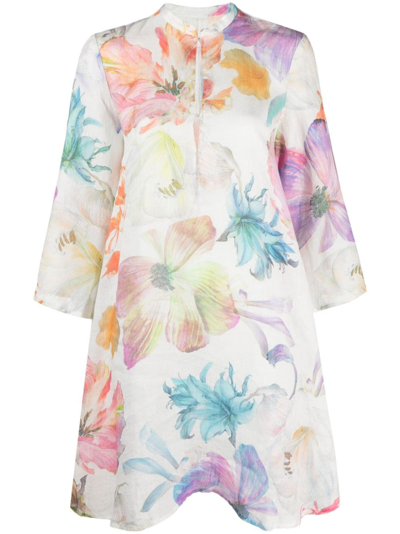 120% Lino Floral-print Linen Dress In Multicolor