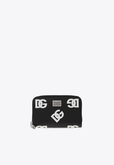 Dolce & Gabbana Dg Logo Print Leather Zip Wallet In Black