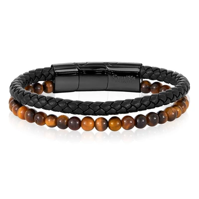 Crucible Jewelry Crucible Natural Stone Bead Black Leather Bracelet - 8.25" + 0.5" Ext In Brown