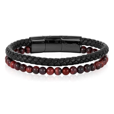 Crucible Jewelry Crucible Natural Stone Bead Black Leather Bracelet - 8.25" + 0.5" Ext In Red
