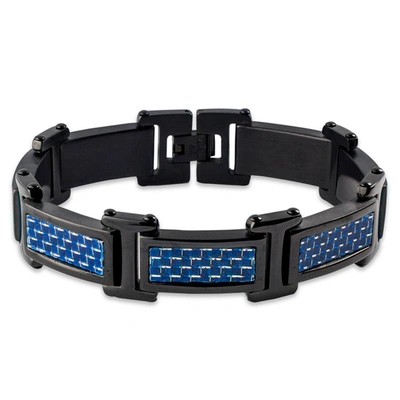 Crucible Jewelry Crucible Black Plated Stainless Steel Blue Carbon Fiber Link Bracelet (20mm)