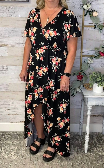 Michelle Mae Harley Hi-low Dress In Black/floral In Multi