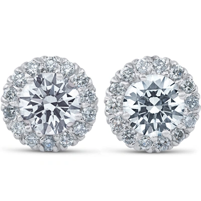Pompeii3 F/vs 3ct Round Halo Diamond Studs 14k White Gold Lab Grown 11.5mm In Multi