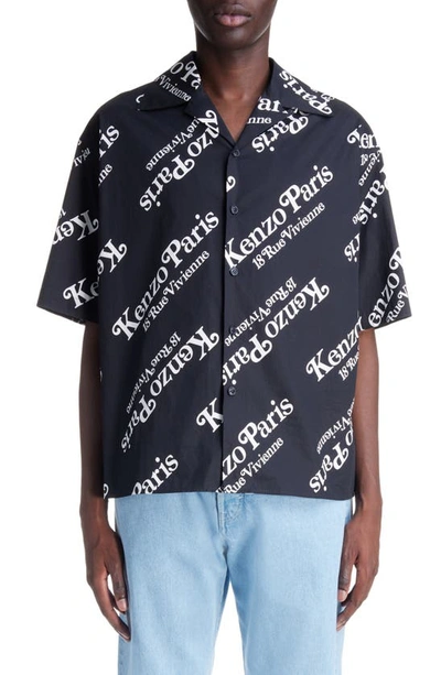 Kenzo Verdy Logo Cotton Camp Shirt In Noir