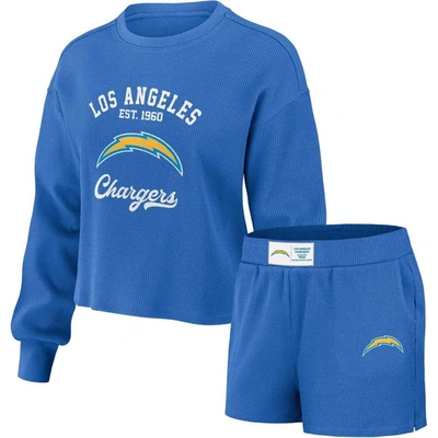 Wear By Erin Andrews Women's  Blue Distressed Los Angeles Chargers Waffle Knit Long Sleeve T-shirt An