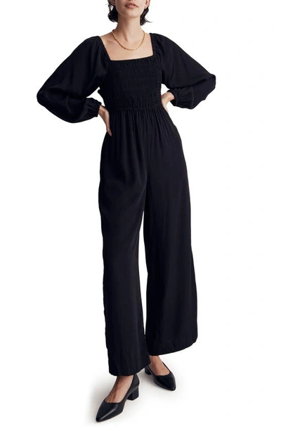 Madewell Lucie Star Jacquard Tie Back Long Sleeve Jumpsuit In True Black