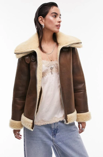 Topshop Faux Leather Aviator Jacket With Faux Fur Trim In Tan