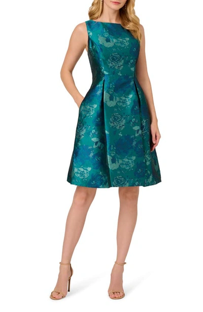 Adrianna Papell Women's Floral Jacquard Sleeveless Fit & Flare Dress In Teal Multi