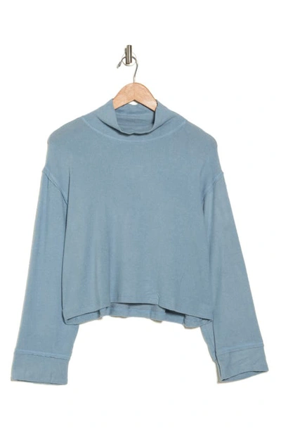 Lush Brushed Long Sleeve Turtleneck Crop Sweater In Denim
