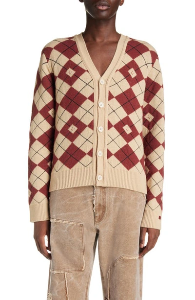 Acne Studios Face Logo Argyle Jacquard Wool Blend V-neck Sweater In Biscuit Beige/ Deep Red